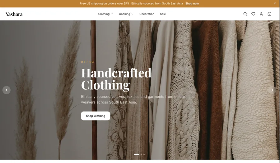 Yashara storefront: handcrafted, ethically sourced clothing from South East Asia